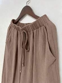 Autumn Vintage Lantern Patch Pocket Loose Casual Drawstring Cuffed Pants For School - Coffee Brown - View 3