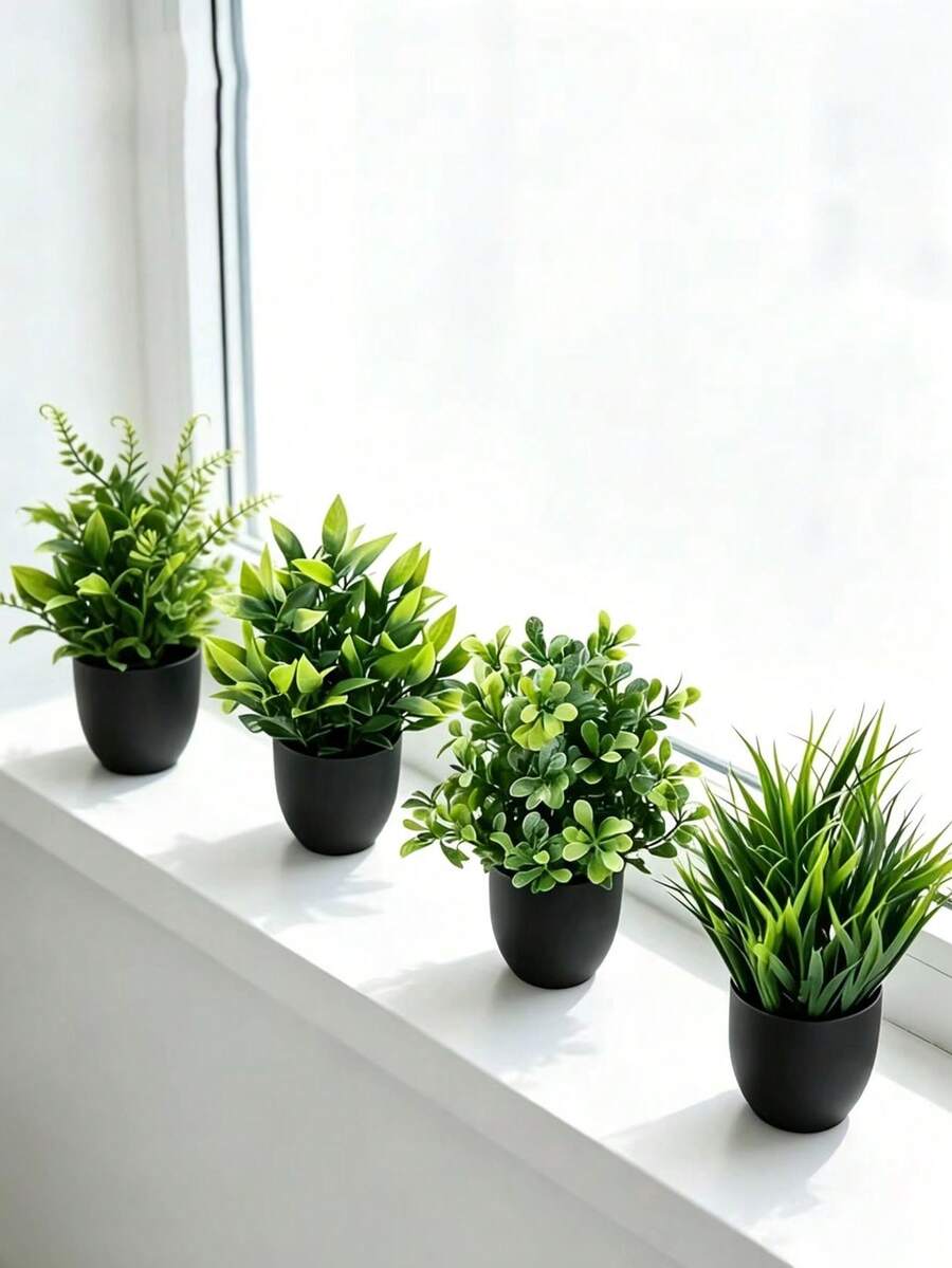 Small Artificial Potted Plants/Faux Moss Stones (1, 2, Or 3 Piece Set) - Green Plants With Black Pots; Suitable For Home Decor, Office, Dining Table, Farmhouse Style Spaces, Patio And Bathroom.