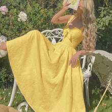 WNS  MOD Vestido midi elegante de unicolor con cintura fruncida y anudada, adecuado para fiestas y eventos - Rosa Pálido - Ver 9