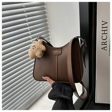 Bolso de cuero genuino de lujo, clásico y elegante, adecuado para uso diario y ceremonias. Bolso de hombro y bandolera tipo cubo con colgante, de gran capacidad, color sólido, textura casual vintage, nueva moda para mujer 2026. - Adorno de pompón color caqui - Ver 11