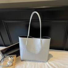 Bolso de Cuero Genuino para Mujer, Elegante Bolso de Mano y de Hombro para Oficina, Citas y Fiestas, Textura con Letras Grabadas 2026, Gran Capacidad, Nuevo y Moderno, Retro, Bolso de Hombro Único para Viajes Diarios - Plateado - Ver 5