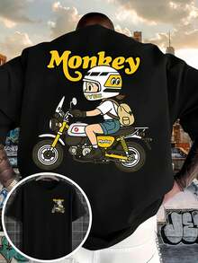 2026 Nouveau T-shirt pour hommes : simple, terreux, couleur unie, ajustement épaule régulier. Caractéristiques d'un motif de motocycliste de bande dessinée et d'une impression "singe" jaune imprimée à l'avant et à l'arrière. Impression recto-verso pour un look moulant ! Un article de première nécessité ! - Blanc - Voir 1