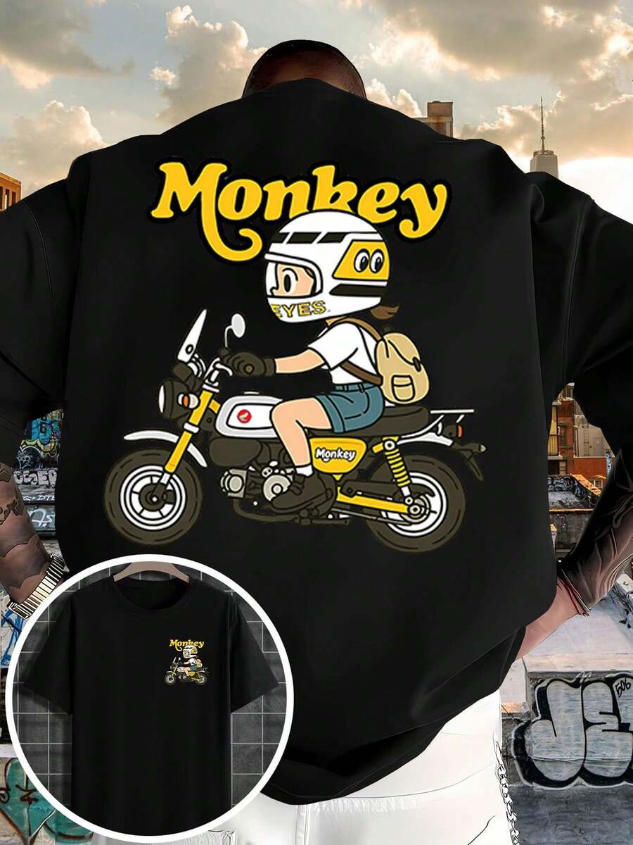 2026 Nouveau T-shirt pour hommes : simple, terreux, couleur unie, ajustement épaule régulier. Caractéristiques d'un motif de motocycliste de bande dessinée et d'une impression "singe" jaune imprimée à l'avant et à l'arrière. Impression recto-verso pour un look moulant ! Un article de première nécessité ! - Blanc - Voir 1