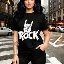Camiseta de mujer con estampado de mano rockera y texto ROCK en estilo urbano desgastado - camiseta casual de cuello redondo, ajuste cómodo y moderno, ideal para paseos por la ciudad, conciertos o salidas con amigas - regalo perfecto para mamá, espos - Negro - Ver 8