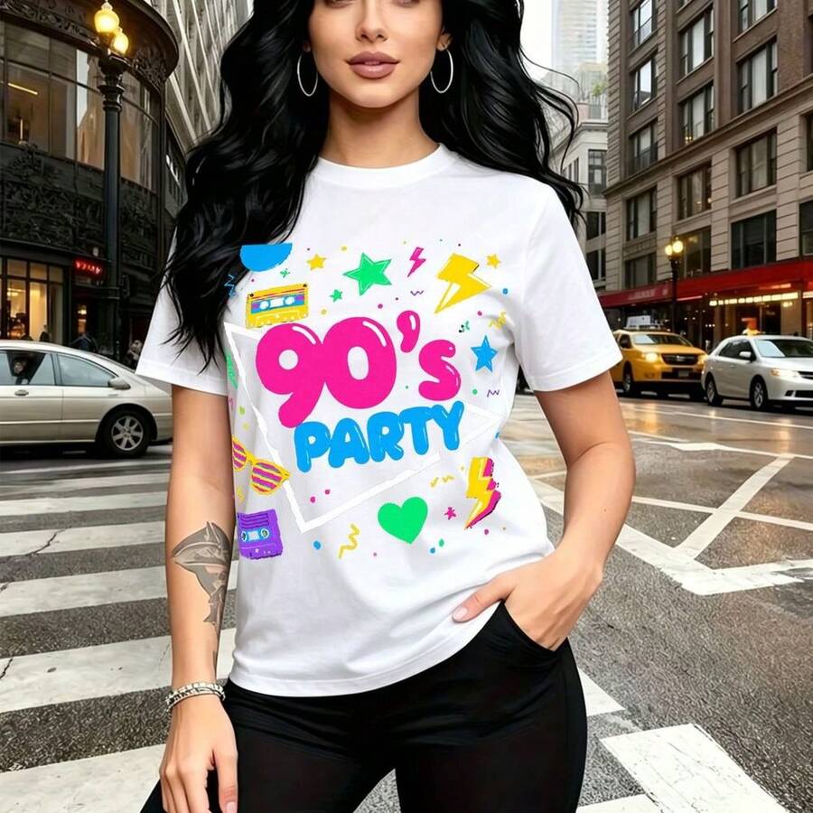 Camiseta de mujer con estampado vibrante de fiesta años 90, texto rosa y azul con estrellas neón, cintas y rayos - diseño retro pop ideal para chicas modernas con estilo urbano - ajuste cómodo y fresco perfecto para pasear por la ciudad o celebracion - Blanco - Ver 1