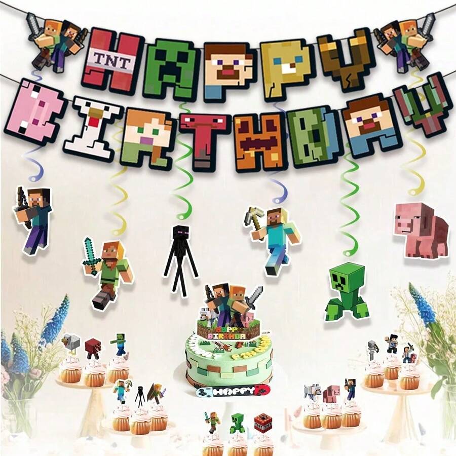 Hasbro Bộ 37 món trang trí bánh kem chủ đề thế giới khối Pixel, bộ banner và cờ trang trí tiệc, cờ treo và trang trí xoắn ốc làm phông nền tiệc sinh nhật ngày lễ - Nhiều màu - Xem 1