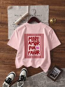 1件女款夏季寬鬆休閒圓領短袖T恤上衣,「MORE AMOR POR FAVOR」條紋印花圖案襯衫,度假、辦公、日常穿搭,粉紅色 - 粉色 - 查看 5