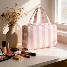 1Pc Foldable Striped Travel Toiletry Bag Men And Women, High Capacity Storage Organizer With Convenient Hanging Hook, Multi-Functional Design Cosmetics, Shower Supplies, Toiletries & Gym Gear, Lightweight-Resistant Material Durability, Business Trips, Family Vacations, Fitness & Daily Bathroom Use, Practical Holidays & Birthdays - 綠色和粉紅色條紋 - 查看 7