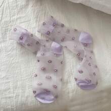 1/2/3 Pairs Women's Thin Mid-Calf Socks For Spring & Summer, Transparent Crystal Silk Stockings, Floral Pattern Ladies Socks - Multicolor - View 28