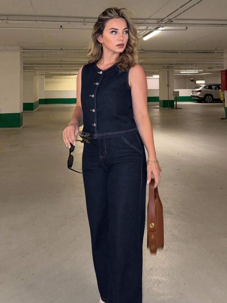 Conjunto de 2 piezas de chaleco y pantalones vaqueros casuales para mujer, minimalista y de moda para el uso diario - Azul lavado oscuro - Ver 1