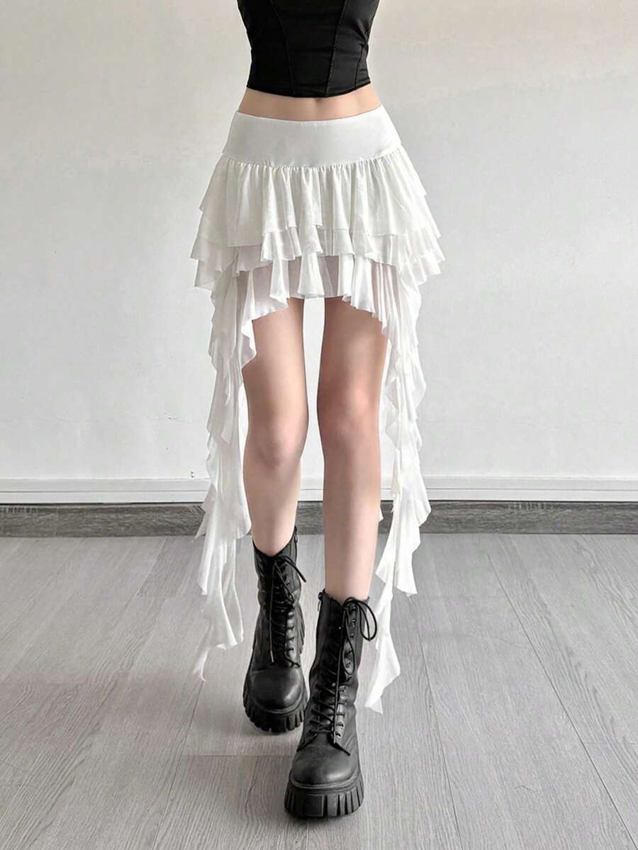 Falda corta de diseño asimétrico versátil y de cintura alta - Blanco - Ver 1