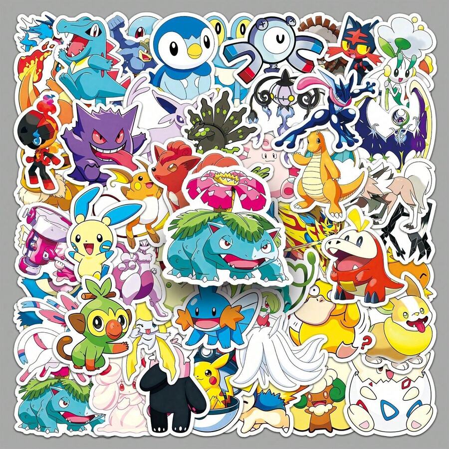 50PCS MINISO Pokémon Sticker Set, Colorful Cartoon Design, High-Quality Material, DIY Planner, Scrapbook, Notebook And Phone Decoration,Creative Arts & Crafts Accessories - White - View 1