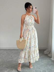 Vestido largo casual con estampado y elástico para mujeres - Multicolor 2 - Ver 1