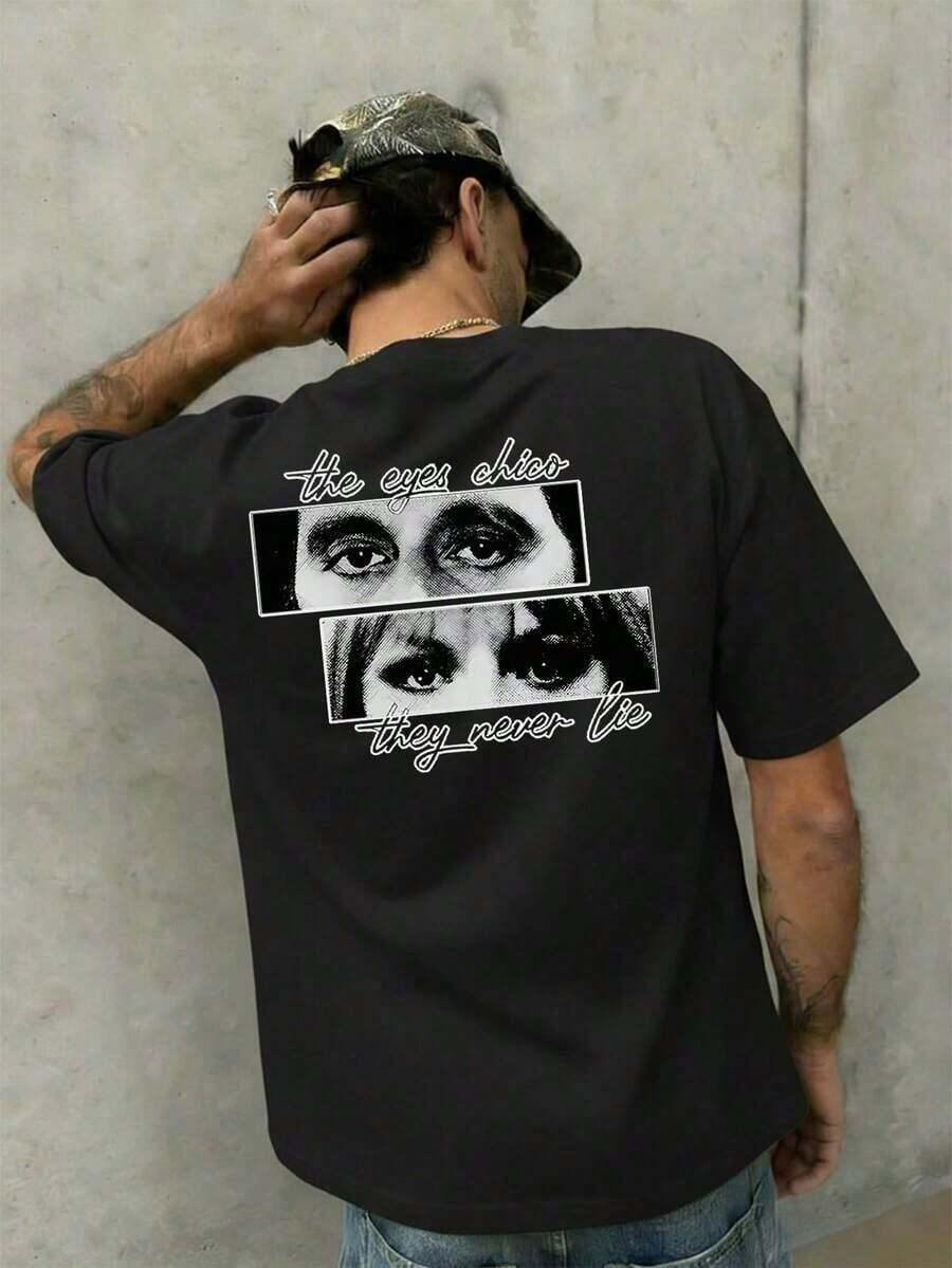 ChristmasFRACTYR Men's Summer Fashion Minimalist Eye-Catching Round Neck Short Sleeve-Shirt With Letter Print | Basic Style Casual Street Versatile TopHot Item - Black - View 1