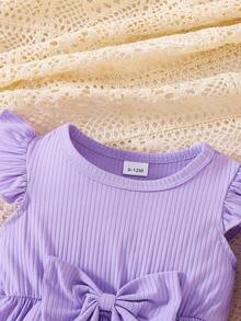 2pcs/Set Toddler Girls' Casual Cute & Elegant Bow Decor Striped & Solid Color Ruffle Hem Dress Outfit, Summer - Multicolor - View 7
