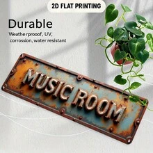 Flat Vintage-Style "MUSIC ROOM" Sign, Featuring Rustic 3D Textured Letters On A Distressed Metal Background With Bolts And Aged Orange-Blue Edges - A - View 5