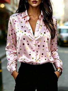 Women's Long Sleeve Button-Front Shirt With Colorful Polka Dot Pattern And Classic Collar Pink Vacation - Pink - View 5