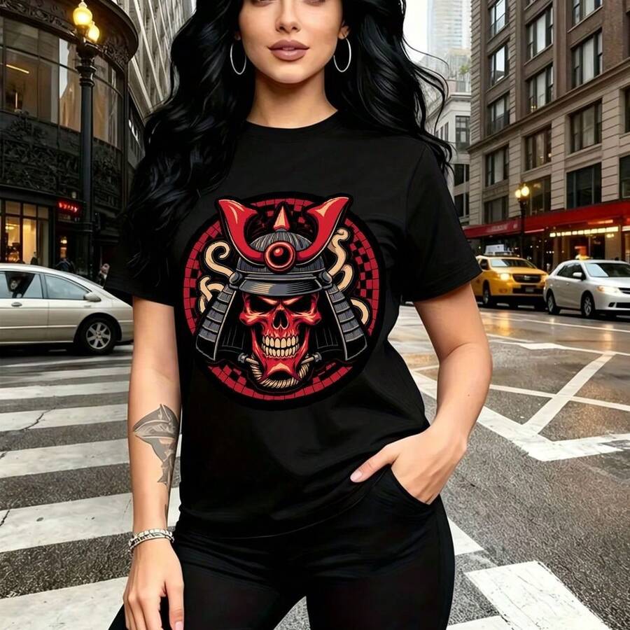 Camiseta de mujer con estampado de casco samurái rojo y negro con calavera amenazante y tatuajes en brazo - camiseta corta de manga corta, ajuste cómodo y estilo urbano alternativo - ideal para paseos por la ciudad, salidas casuales y regalo perfecto - Negro - Ver 1