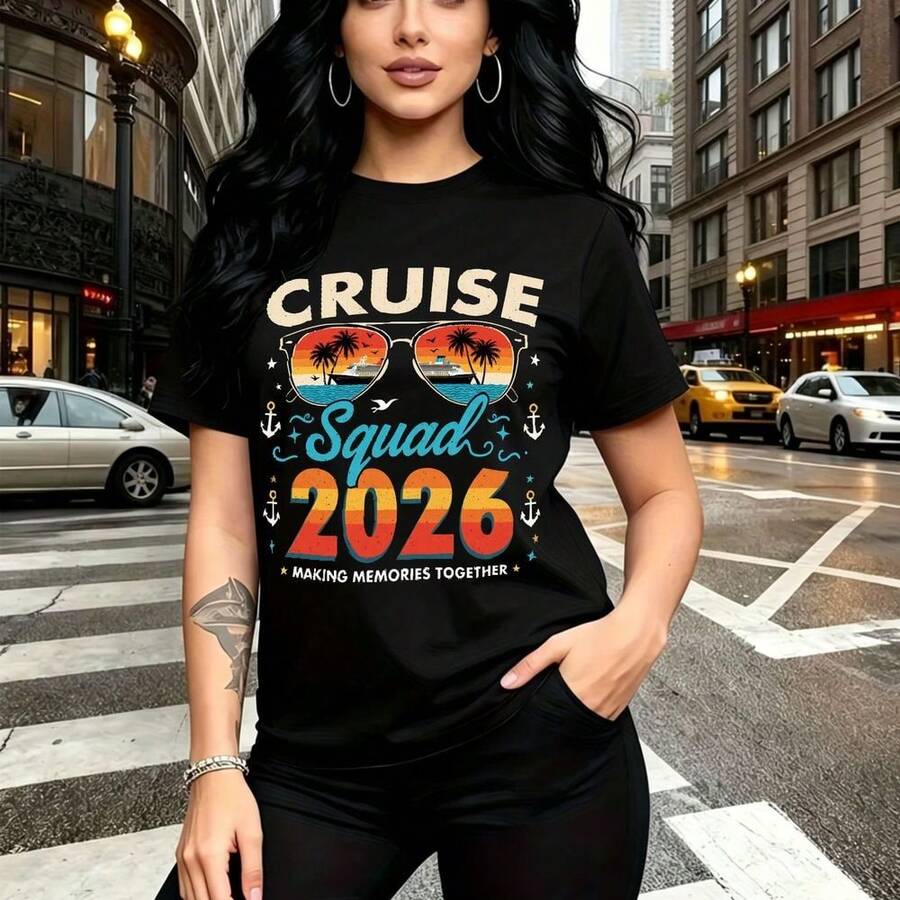 Camiseta de mujer con estampado de chica moderna con cabello ondulado y aretes de aro, diseño "CRUISE Squad 2026" con gafas de sol reflejando palmeras y anclas - camiseta casual de manga corta con ajuste cómodo y estilo urbano perfecto para pasear po - Negro - Ver 1