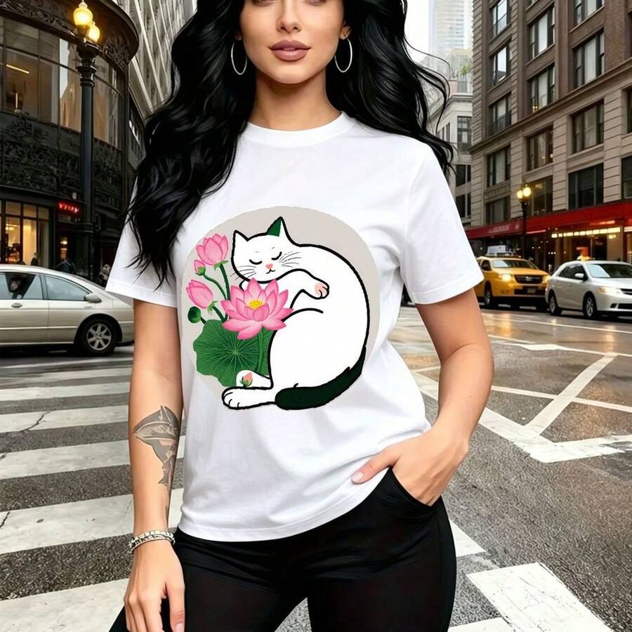 Camiseta de mujer con estampado de gato blanco durmiendo entre flores de loto rosas y hojas verdes - camiseta casual de manga corta con ajuste cómodo y estilo urbano relajado, perfecta para paseos por la ciudad, compras o reuniones casuales en el cen - Blanco - Ver 1