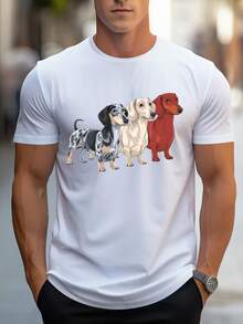 Men's Crew Neck T-Shirt With A Creative Print Design Featuring Three Adorable Dachshunds. A Must-Have For Modern Casual Wear, Machine Washable And Versatile Enough For Any Outfit, With Local Shipping. - 白色的 - 查看 1