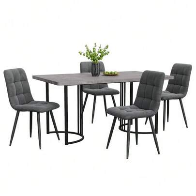 Dining Set (5 Pieces), Table And 4 Chairs, Modern Kitchen Set, 140*80cm Kitchen Table With Black Metal Legs, Grey MDF Top, Dark Grey Velvet Dining Chairs