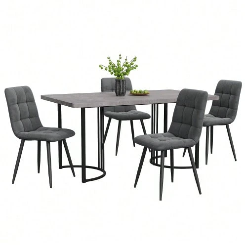 Dining Set (5 Pieces), Table And 4 Chairs, Modern Kitchen Set, 140*80cm Kitchen Table With Black Metal Legs, Grey MDF Top, Dark Grey Velvet Dining Chairs - Grey - View 1
