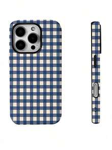 1 Stylish Phone Case, Does Not Include Lanyard Or Stand. White And Blue Plaid Elements,  Plaid Design, 2-In-1 Phone Case With Matte Finish, Spring/Easter Gift. - Blue - View 1