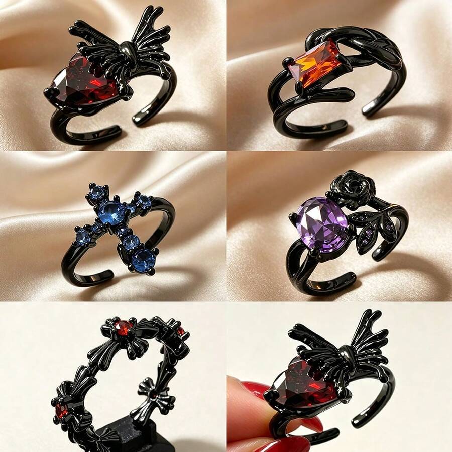 Gothic Retro Spider & Butterfly Open Ring - Black - View 1