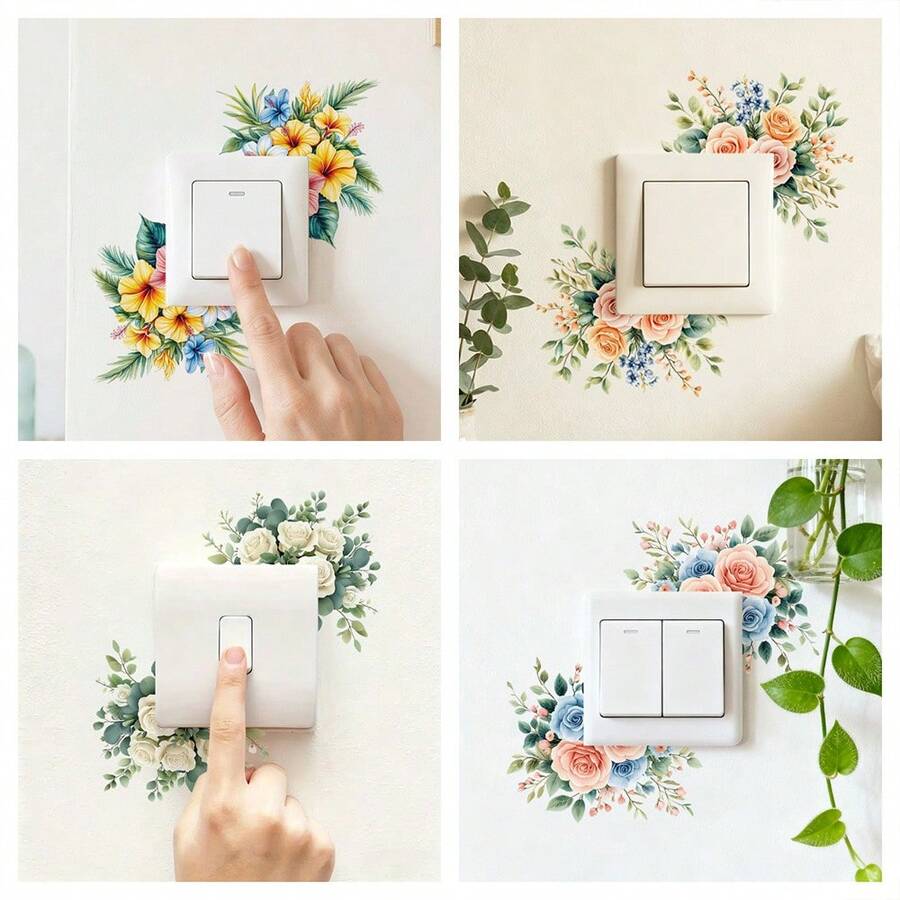 1片清新植物與花卉燈開關裝飾貼紙，浪漫花卉與葉子設計，適用於臥室、客廳、走廊、居家插座美化 - 彩色 - 查看 1