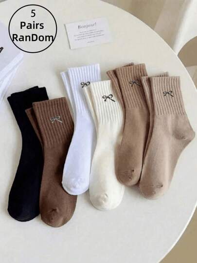 5 Pairs Women's Warm Thick Soft Retro Casual Mid-Calf Socks, Knitted Fuzzy Socks, Random Colors