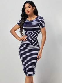 Vestido casual de verano de manga corta y con rayas para mujer, elegante - Azul marino - Ver 1