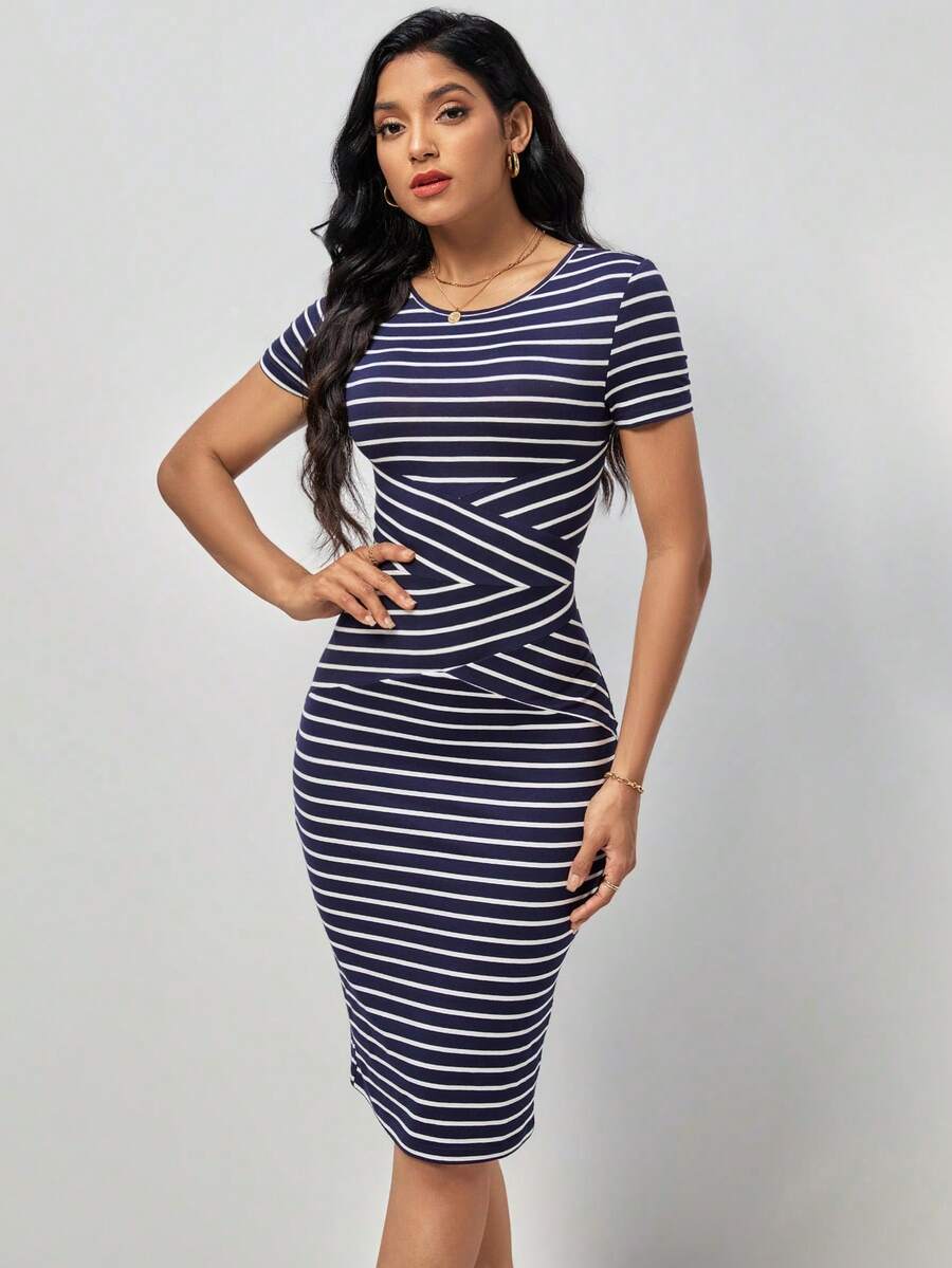 Vestido casual de verano de manga corta y con rayas para mujer, elegante - Azul marino - Ver 1