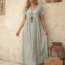 Soqi Women's Clothing Vestido con estampado floral diminuto, cuello en V y bolsillo oculto - Multicolor - Ver 1