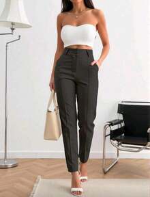 Women's Tailored Trousers, Social Casual, High-Waisted, Elegant And Comfortable, With Pockets And Covered Button. - 黑色 - 查看 6
