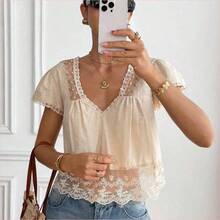 WNS  Blusa de mujer con cuello en V, manga corta y espalda con lazo, de encaje y parches, 100% algodón, estilo romántico francés, con diseño de espalda descubierta y mangas abullonadas, versátil para uso diario/casual, verano para mujeres, Día de San Valentín, Carnaval, vacaciones, blusa casual, top Y2K, blusa de encaje, blusa bohemia, top de encaje - Verde militar - Ver 9