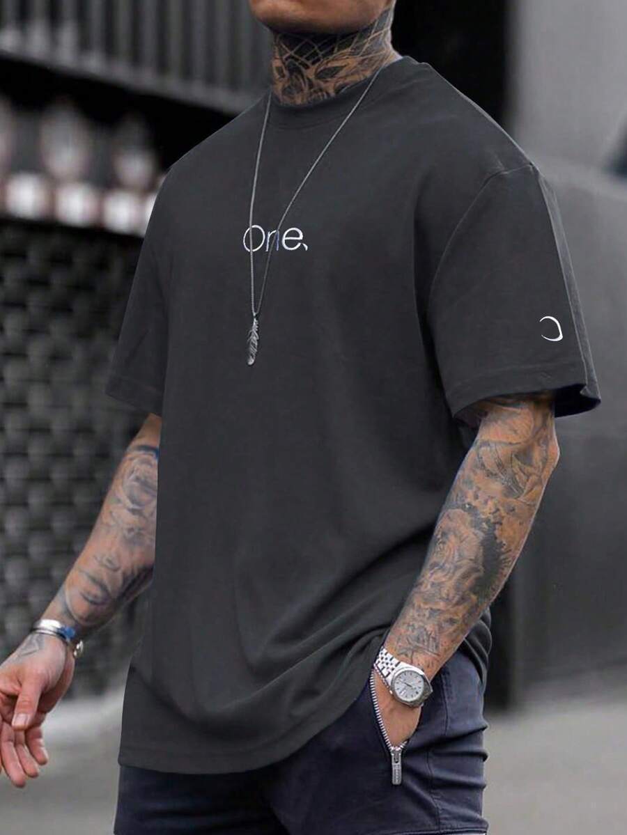 Hombres Camiseta de hombros caídos con estampado de letra - Gris Oscuro - Ver 1