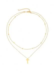 1pc Stainless Steel Men's Necklace, Double Layer Stacked Beaded Chain Design With Cross Element, Thin Chain With Collarbone Chain, Gold Lightweight Luxury INS Style, Versatile Jewelry For Daily Commute, Dating, Holiday Outings - necklace - View 7