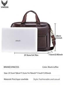 VINCESS Men's Casual Business Cow Leather Computer Bag, Large Capacity Multi Function Multi Pocket, Suitable For Laptops Or Tablets, Shoulder Carrying Shoulder Bag, Double Handle Handbag, Document Bag Suitable For Various Occasions, Travel And Business Office Commuting, Multi Functional Leather Bag - Coffee - View 4