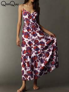 Vestido elegante de mujer con estampado floral bohemio, hecho de tela tejida con diseño de volantes y tirantes de espagueti - Rosa Roja - Ver 5