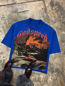 Y2K Tops, Godspeed Holly Wood Hills Orange Sunset Distressed Oversized Graphic Tee, Retro, Streetwear, Vintage, Drive Aesthetic, Baggy,   For Men - 藍色 - 查看 9