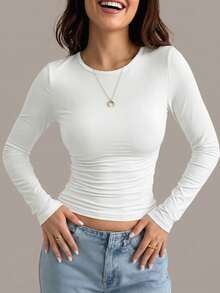 Elegant Versatile Women's Solid Color Round Neck Long Sleeve Ruched Fitted Tight T-Shirt, Suitable For Summer And Autumn/Winter Wear Casual - White - View 3