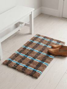 1 Piece Retro Brown And Blue Checkered Bathroom Floor Mat, Made Of Imitation Cashmere Material, Machine Washable, Soft And Fluffy Carpet Suitable For Bathroom, Kitchen, Entrance And Other Areas, Retro Style Home Decoration - A - View 3