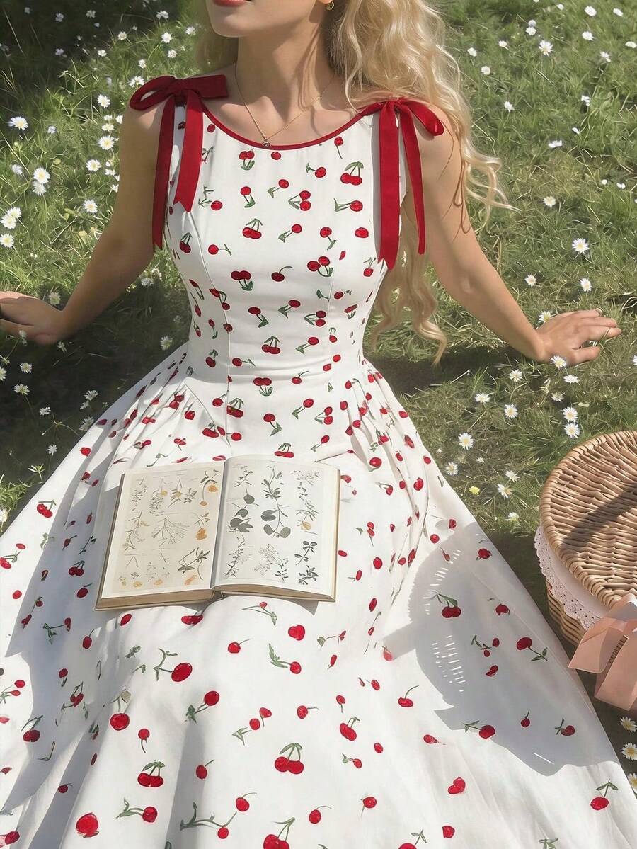 Vestido casual caqui con cuello redondo, sin mangas, con ribete de contraste, decoración de lazo en la cintura y bajo acampanado - Rojo y blanco - Ver 1