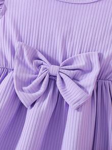 2pcs/Set Toddler Girls' Casual Cute & Elegant Bow Decor Striped & Solid Color Ruffle Hem Dress Outfit, Summer - Multicolor - View 5