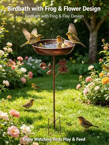 1件復古銅鐵鳥浴盆與餵食器二合一,防鏽花園裝飾附防滑地插 - 青蛙花造型 - 查看 7