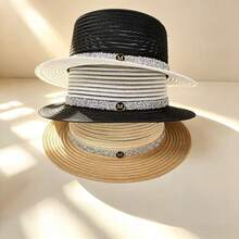 1pc M-Logo Women's Handmade Straw Hat, Outdoor Vacation Beach Sun Protection Bucket Hat - M-shaped Straw Hat - View 6