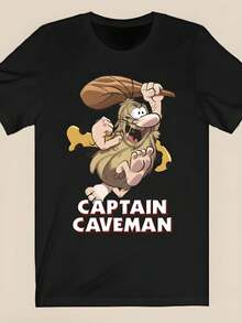 Large - Large - Black T-Shirt Featuring A Cartoon-Style Caveman With Wild Hair, A Bushy Beard, And An Expressive Face Holding A Wooden Staff. It Features The Distinctive 'Caveman Captain' Slogan, A Comfortable Fit, And Is Made Of Soft Material. - Back - View 1