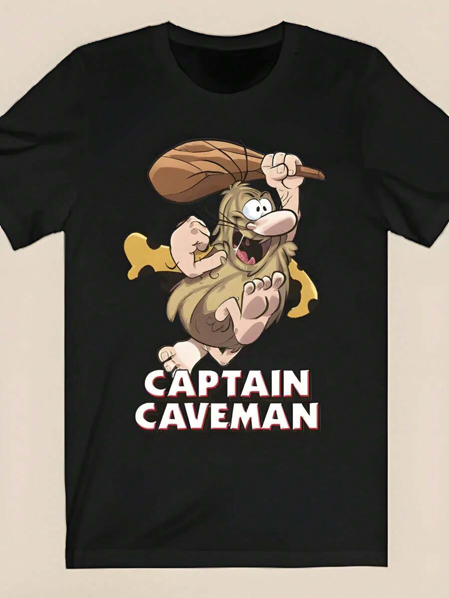 Large - Large - Black T-Shirt Featuring A Cartoon-Style Caveman With Wild Hair, A Bushy Beard, And An Expressive Face Holding A Wooden Staff. It Features The Distinctive 'Caveman Captain' Slogan, A Comfortable Fit, And Is Made Of Soft Material. - Back - View 1