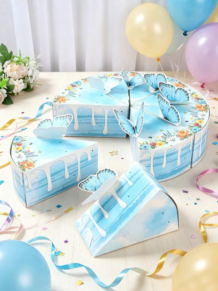 蓝色蝴蝶生日三角礼盒 - 蝴蝶主题派对生日/迎婴派对糖果盒，生日快乐派对装饰